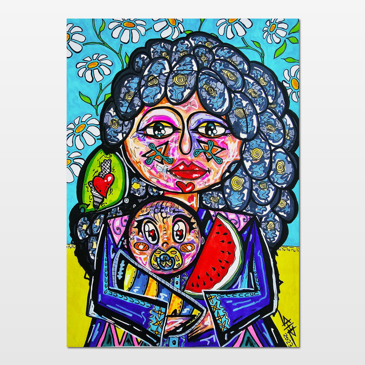 Rafah: abstract portrait of a Palestinian mother tenderly cradling her baby son with a loving, warm gaze
