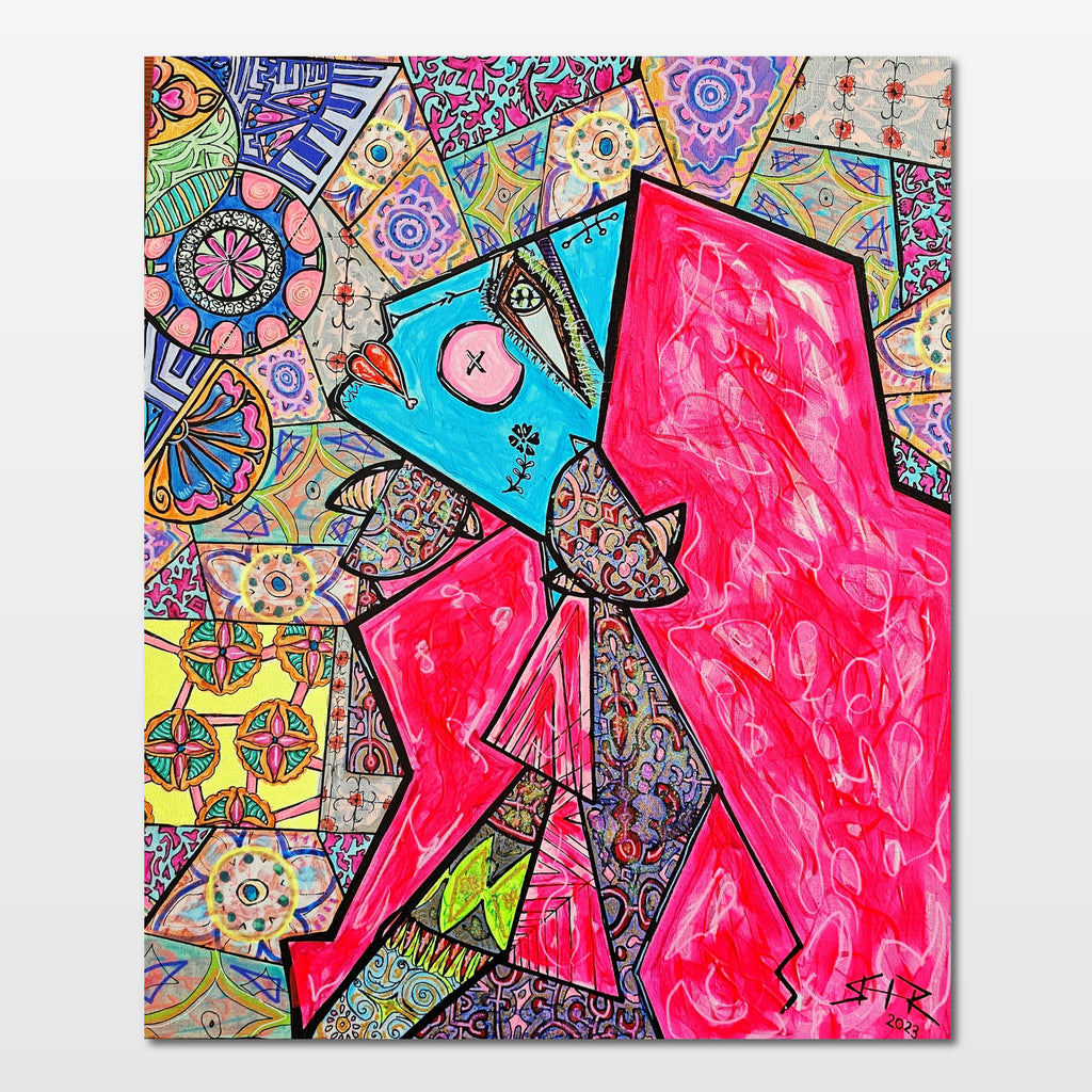 Zara: abstract painting of a woman standing before a window, wrapped in vibrant colour as she waits
