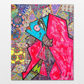 Zara: abstract painting of a woman standing before a window, wrapped in vibrant colour as she waits