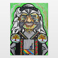 Khan Younis: abstract portrait of a farmer in a traditional shemagh, standing between two olive trees