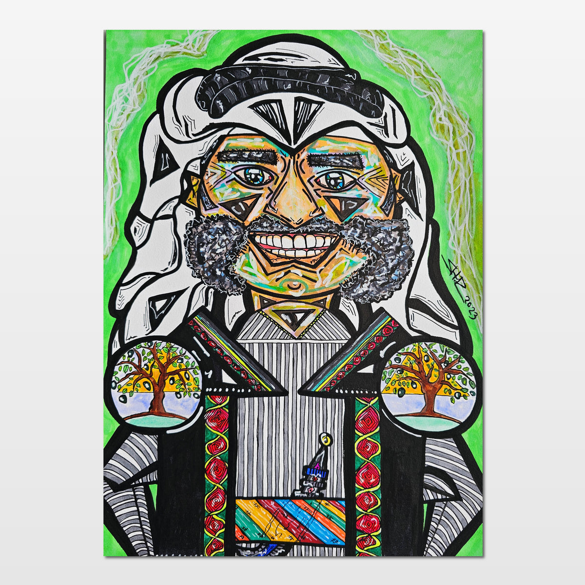 Khan Younis: abstract portrait of a farmer in a traditional shemagh, standing between two olive trees