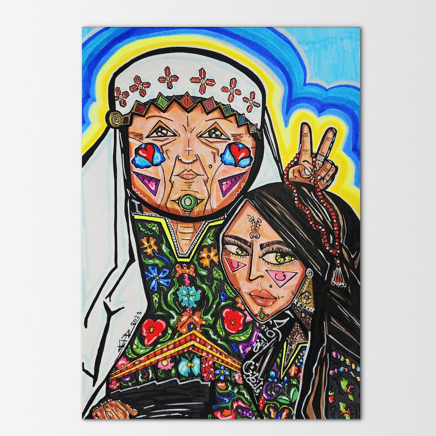 Haifa and Yafa: portrait of a Palestinian grandmother in a white veil embracing her young granddaughter