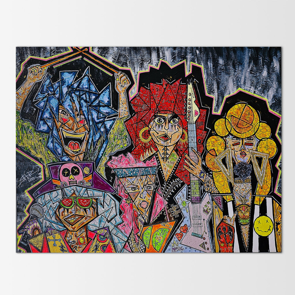 Megalodon: abstract canvas painting of the five-member metal band in vivid, high-energy portraiture