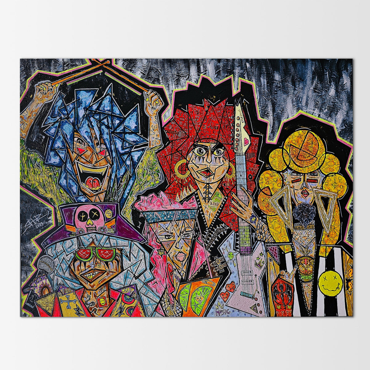 Megalodon: abstract canvas painting of the five-member metal band in vivid, high-energy portraiture