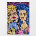 Karma & Charma: mixed-media painting of two glamorous women celebrating fashion and femininity