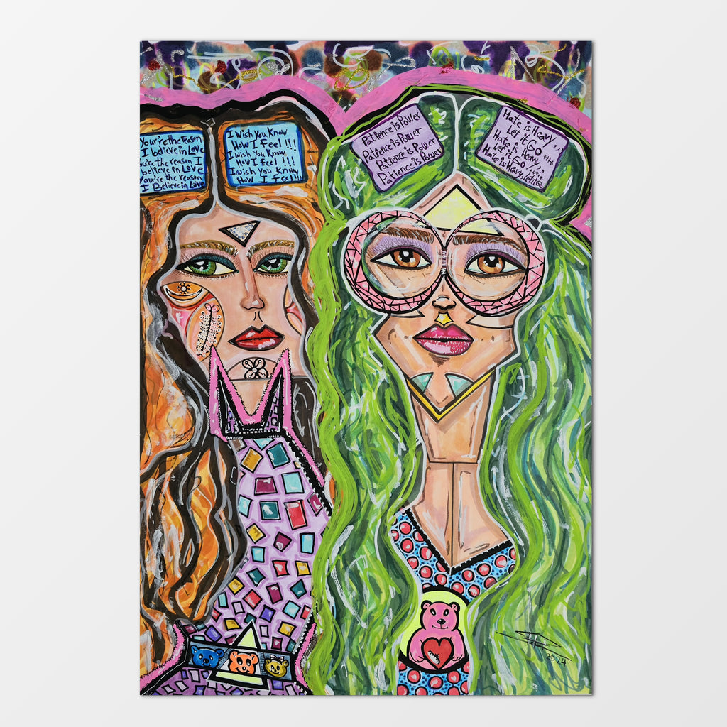 Selena & Helena: mixed-media painting of two friends bonded by books and intellectual curiosity