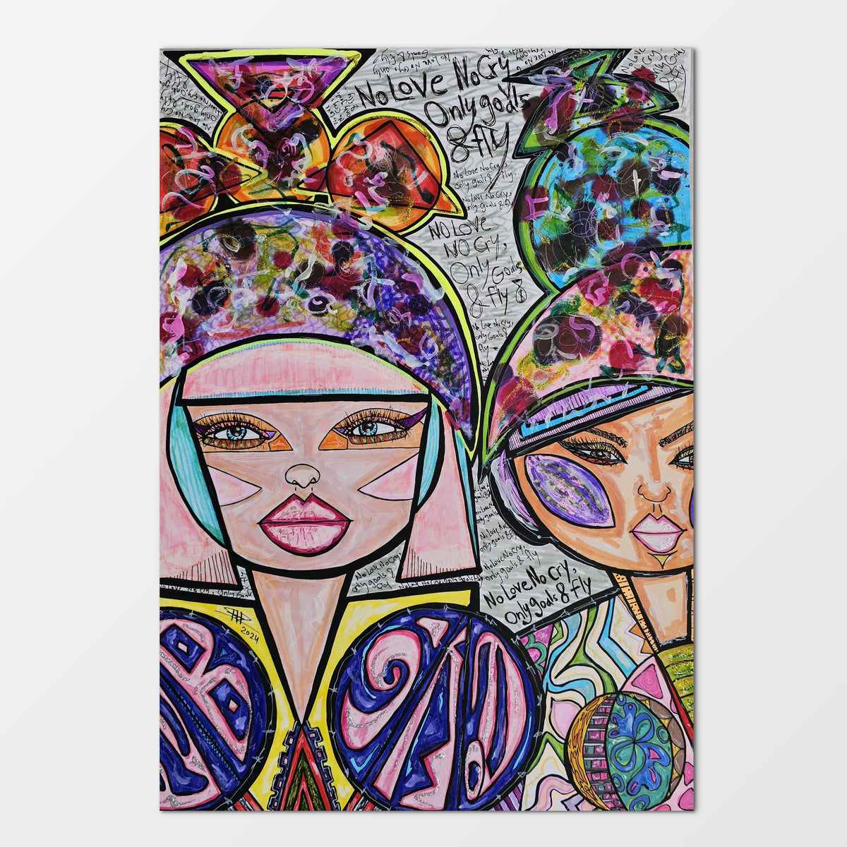 Harumi & Migumi: mixed-media painting of two friends united by a love of dance and art