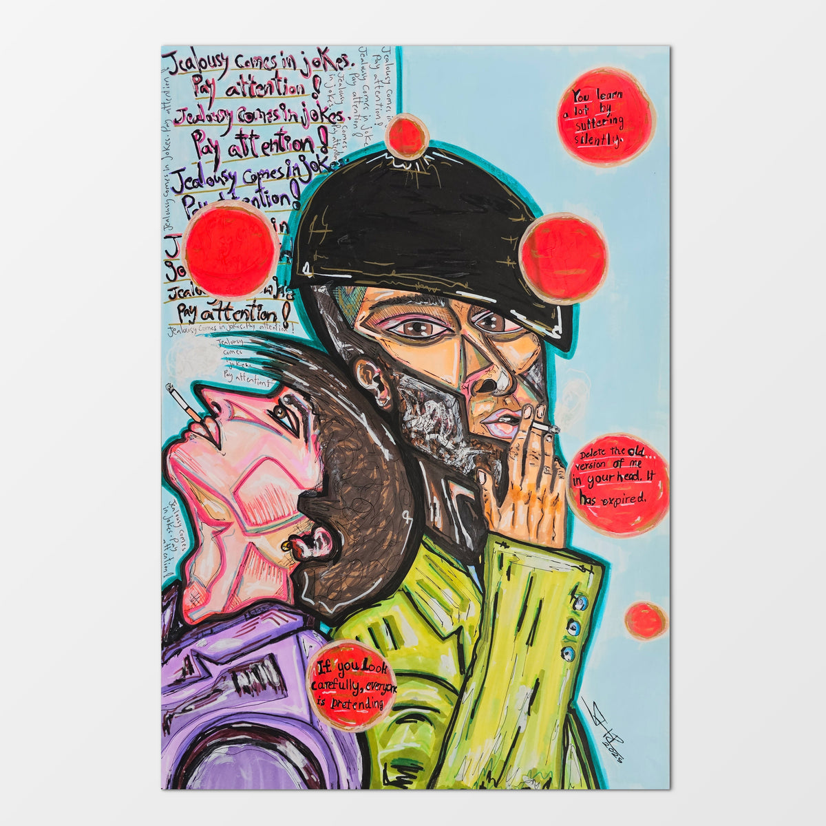 Wintertide & Frost: mixed-media painting of two writers, one in a green coat and beret, the other in purple and pink holding a cigarette