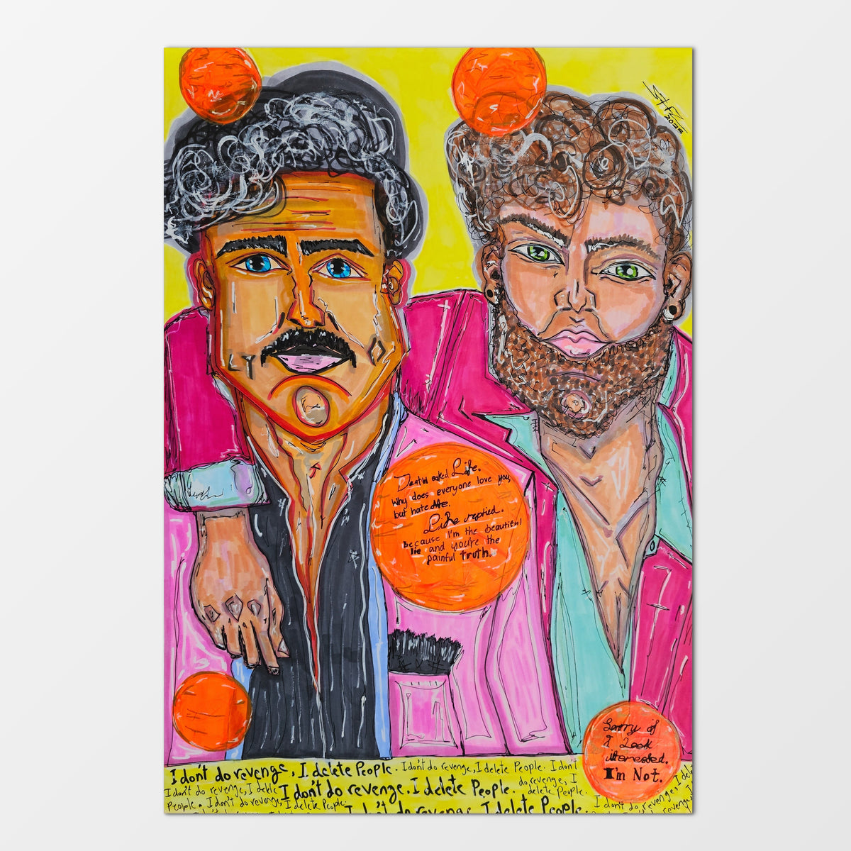 Carlos & Marcos: bold pop-art painting of two stylish men in neon pink and orange with golf-ball motifs