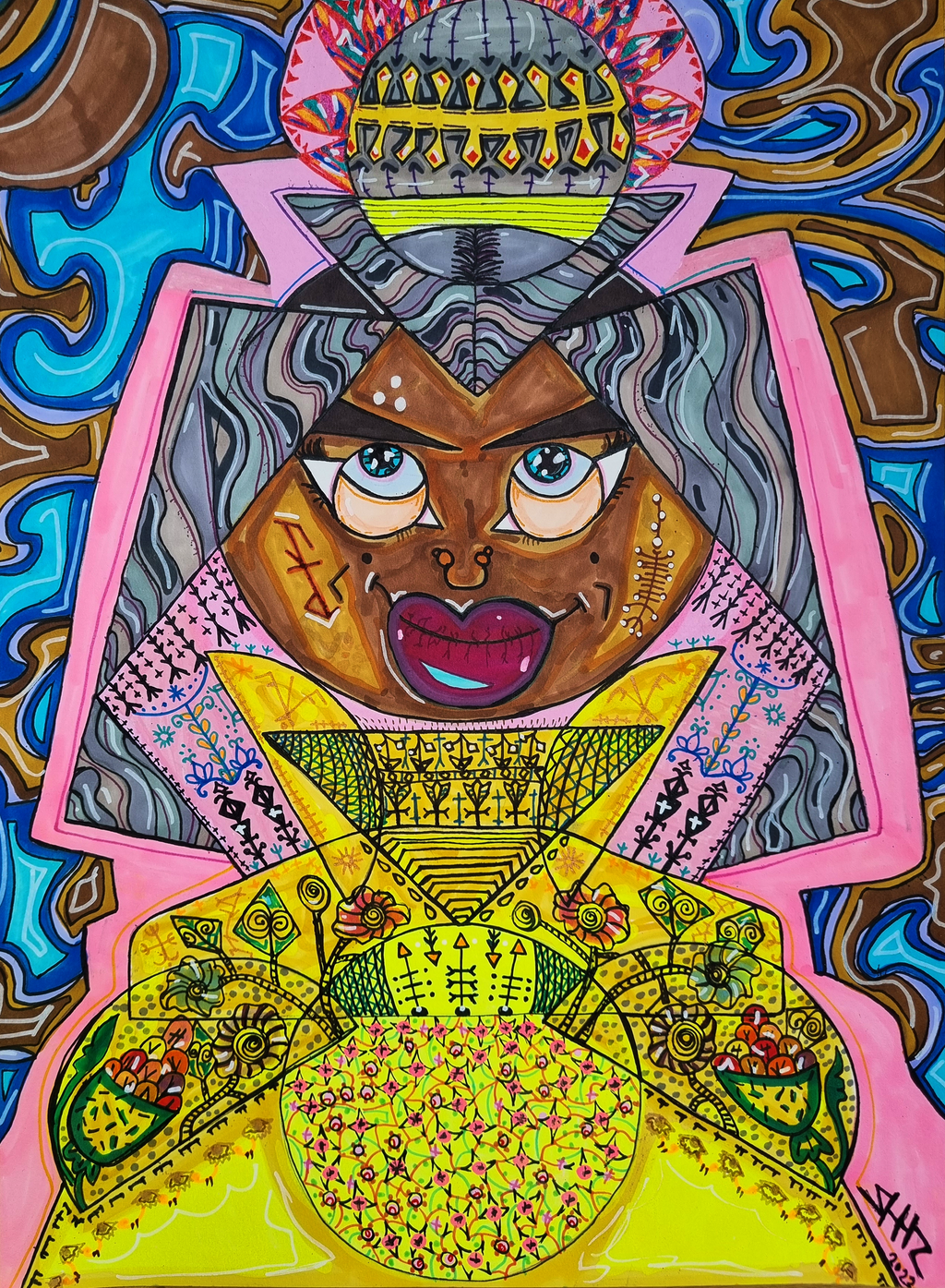 Nzinga full view: the queen in a domed crown and yellow patterned gown, against swirling blue and brown.