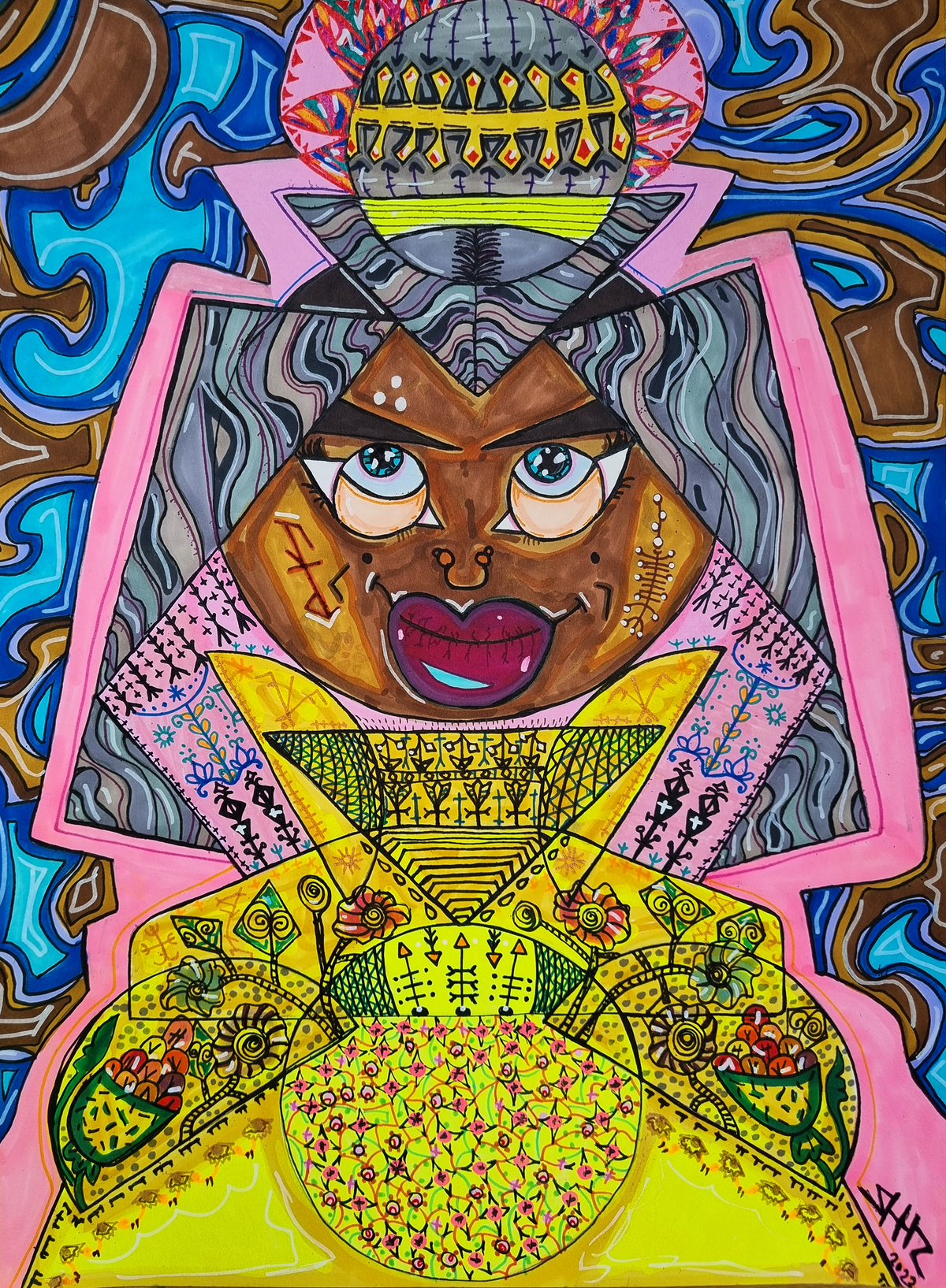 Nzinga full view: the queen in a domed crown and yellow patterned gown, against swirling blue and brown.