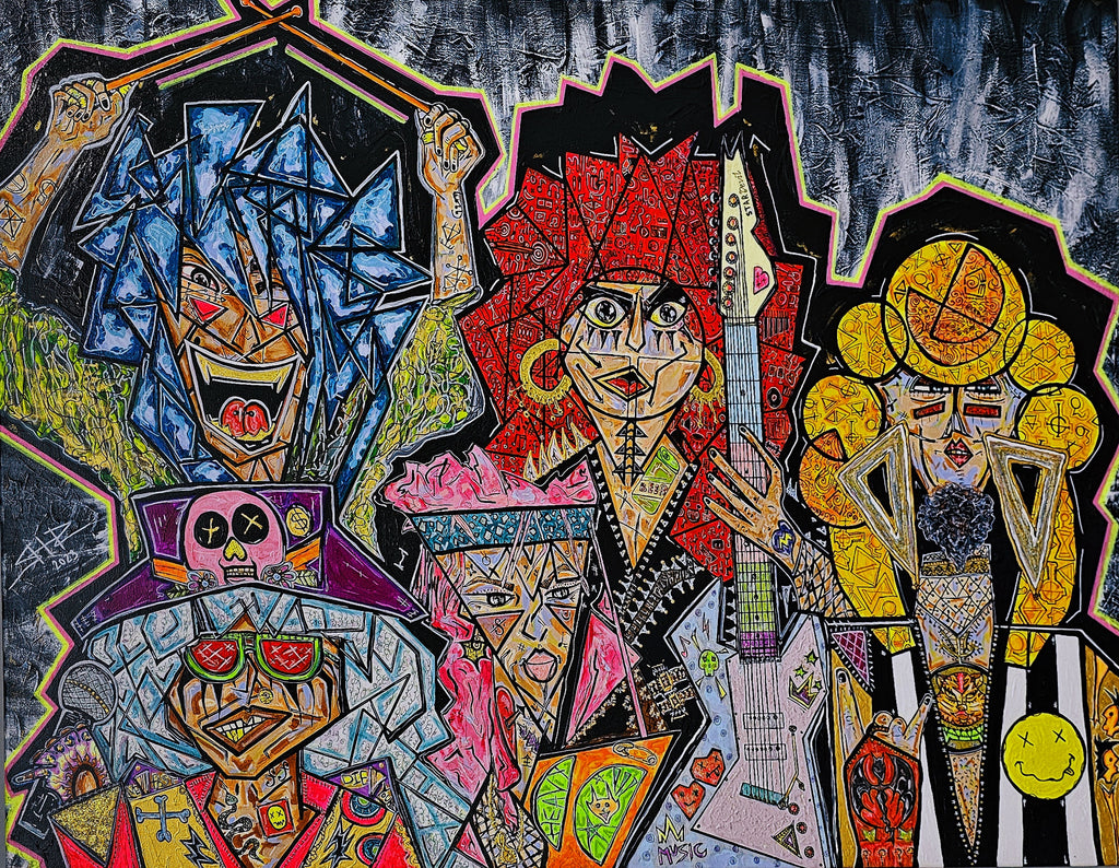 Megalodon: full view of the canvas, five angular band member portraits in red, blue and gold