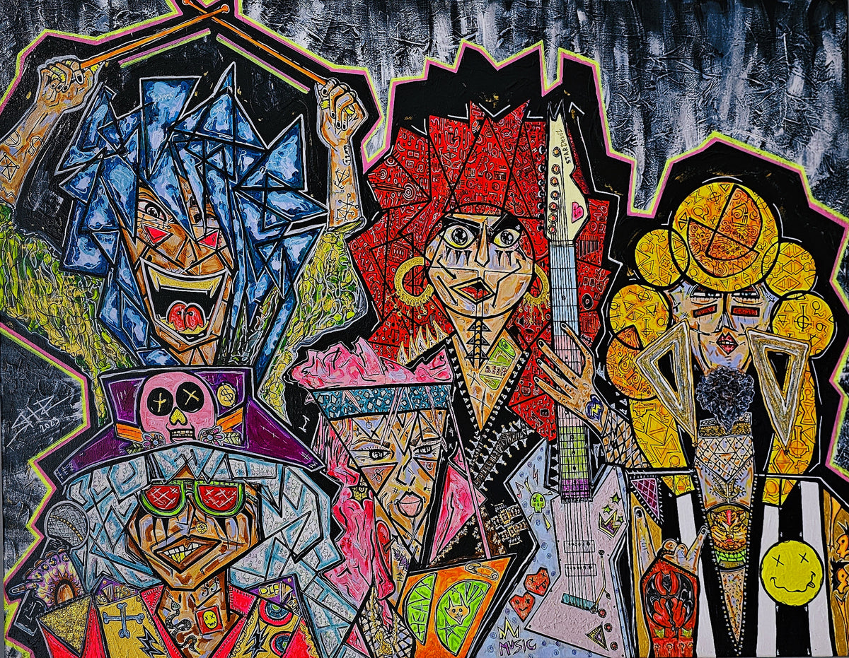 Megalodon: full view of the canvas, five angular band member portraits in red, blue and gold