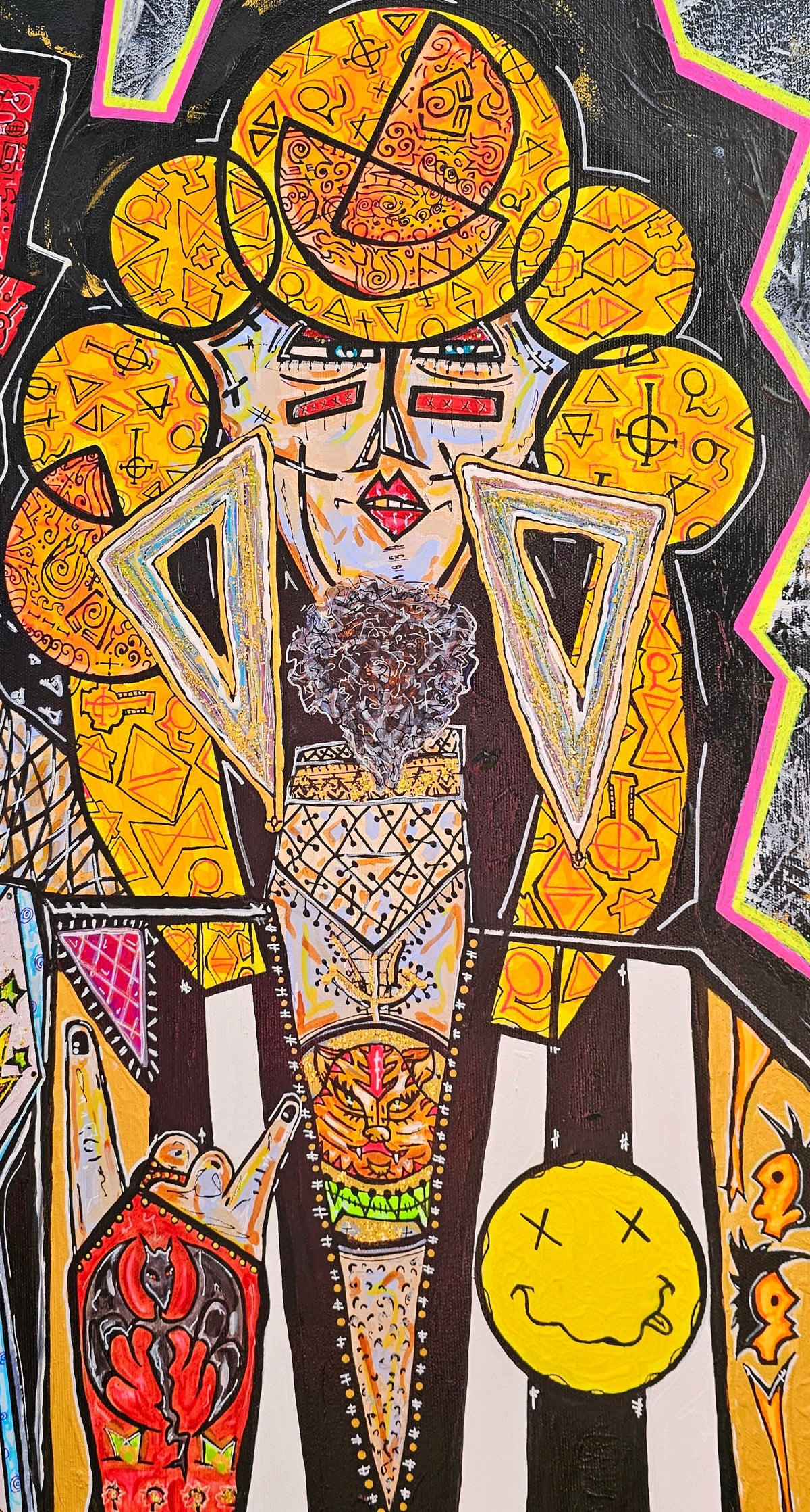 Megalodon detail: a figure crowned with a golden sunburst headdress above black and white striped trousers