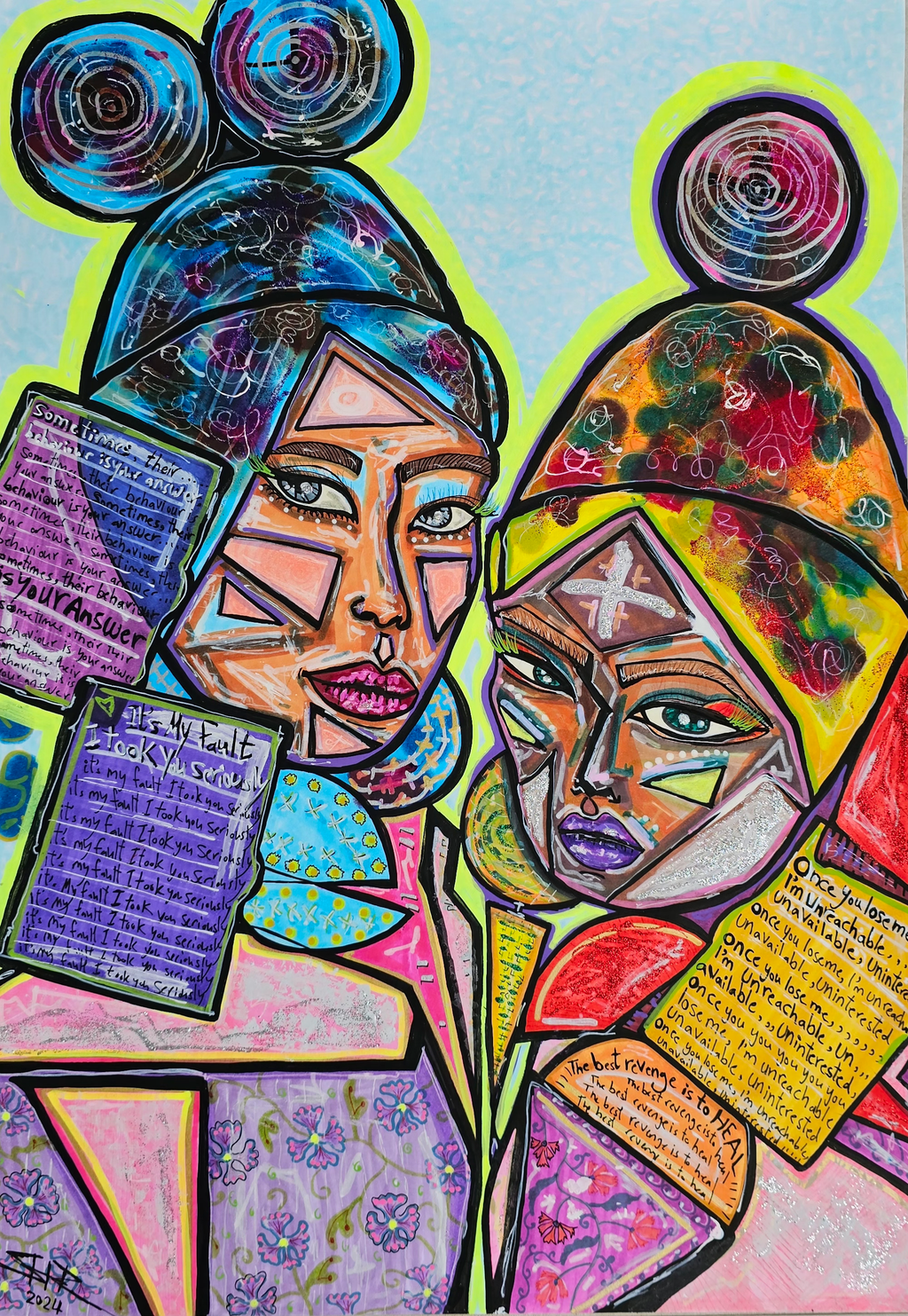 Camino & Tino: the full canvas close up, two friends with sculpted top knots against a turquoise sky