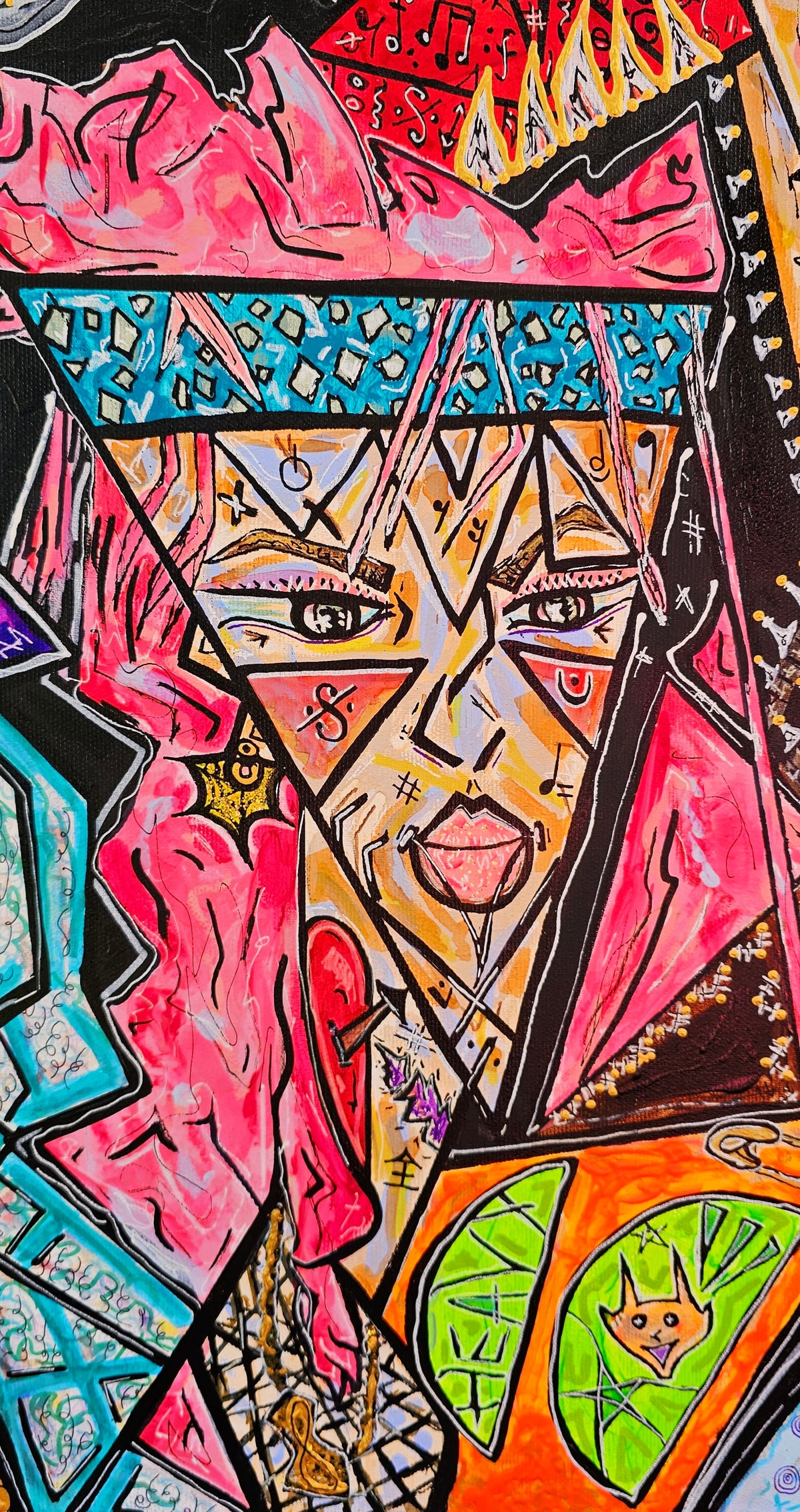 Megalodon detail: a face under a turquoise beaded headband, surrounded by hot pink shards