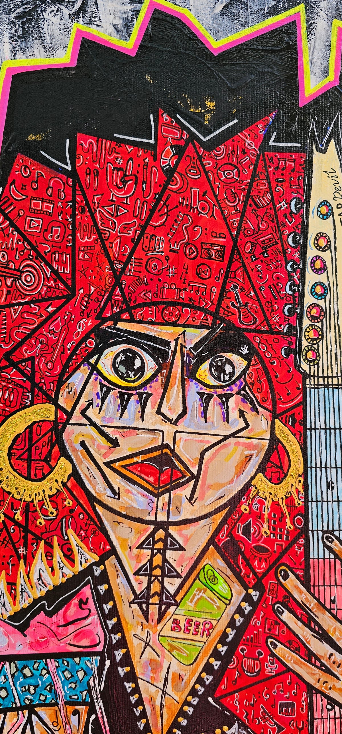Megalodon detail: a red haired figure with large gold hoop earrings beside a guitar neck