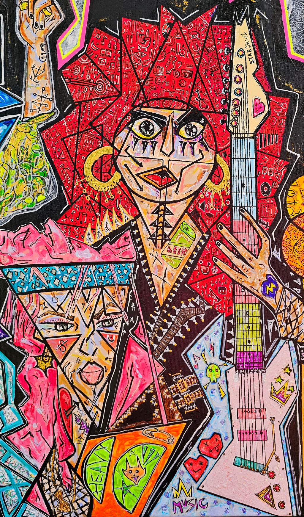 Megalodon detail: two band members side by side, one in red, the other holding a pale guitar