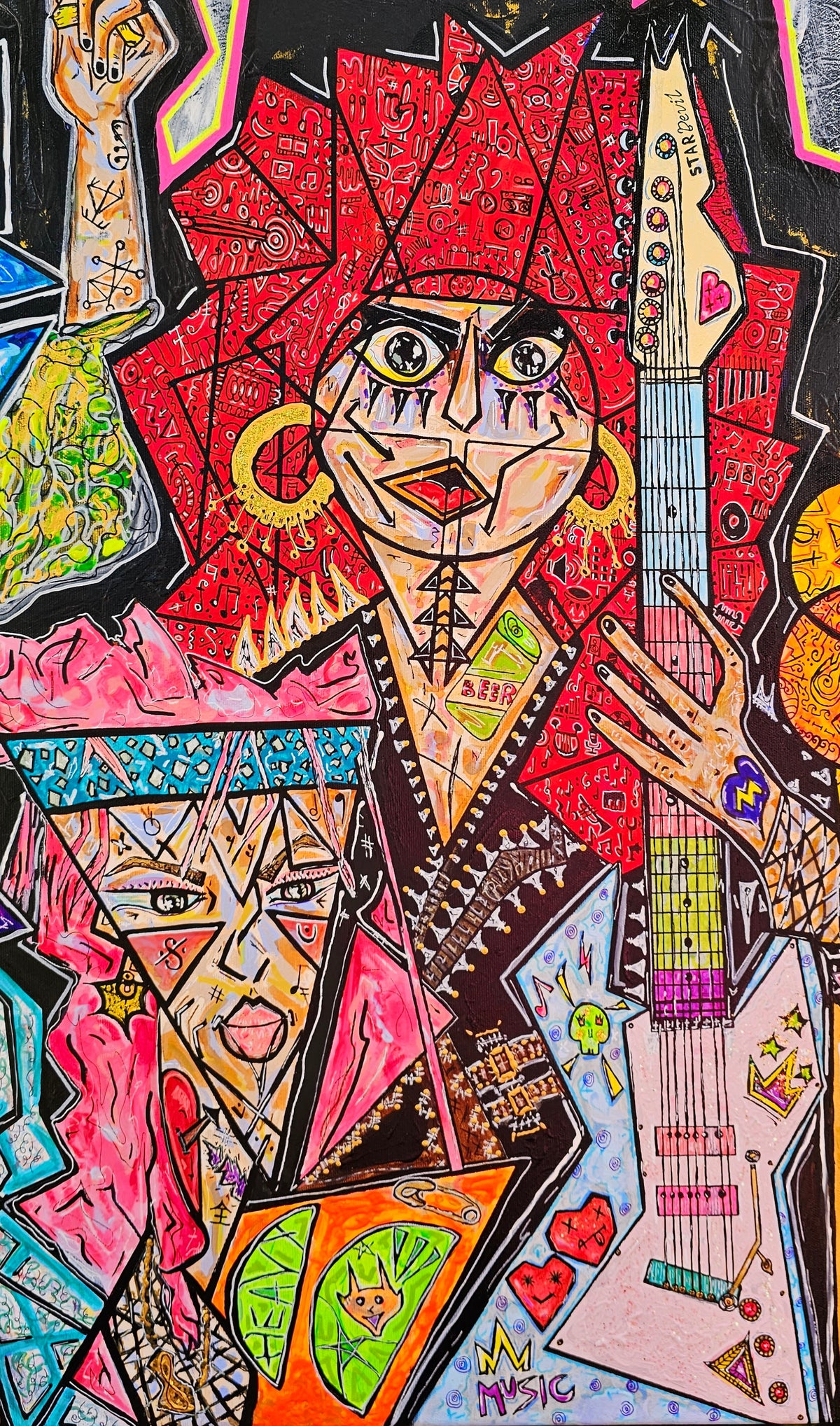Megalodon detail: two band members side by side, one in red, the other holding a pale guitar