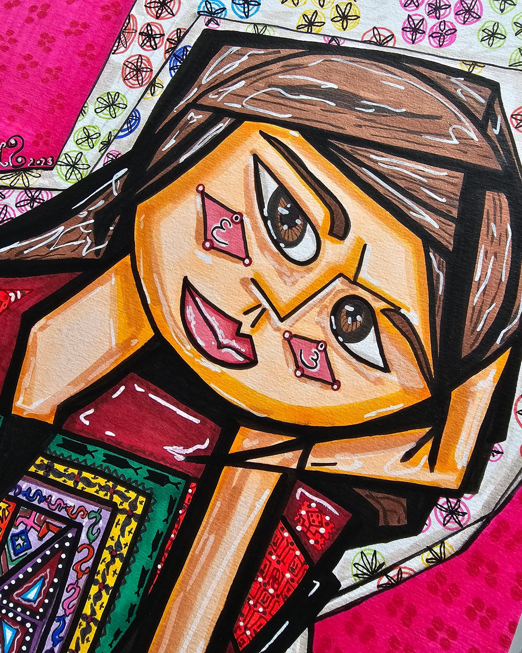 Gaza detail: the girl's face in close-up, large dark eyes, pink diamonds on her cheeks and a wide smile
