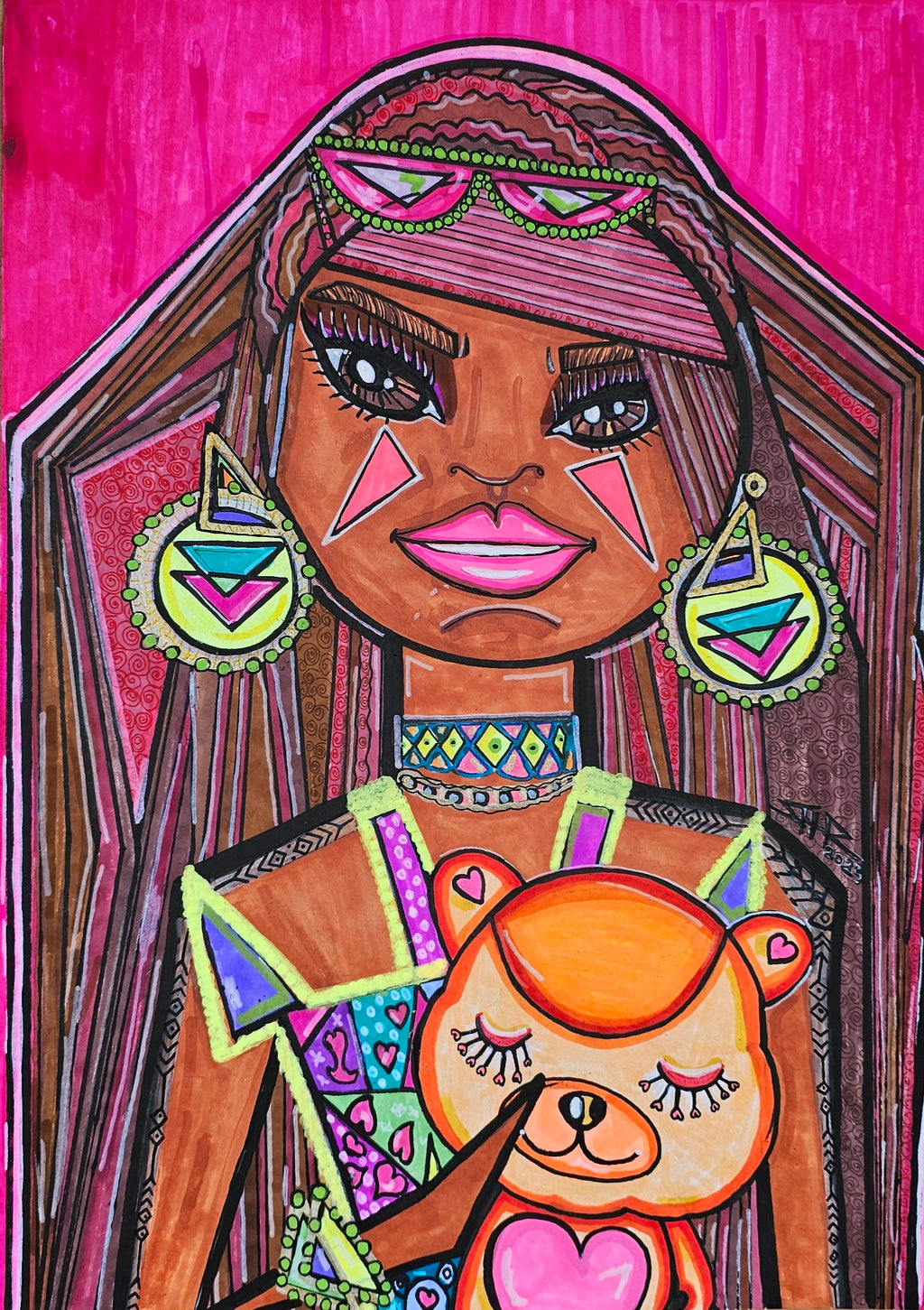 Isabella's Dream full view: a girl with a beaded headband and neon earrings holding an orange teddy bear on hot pink.