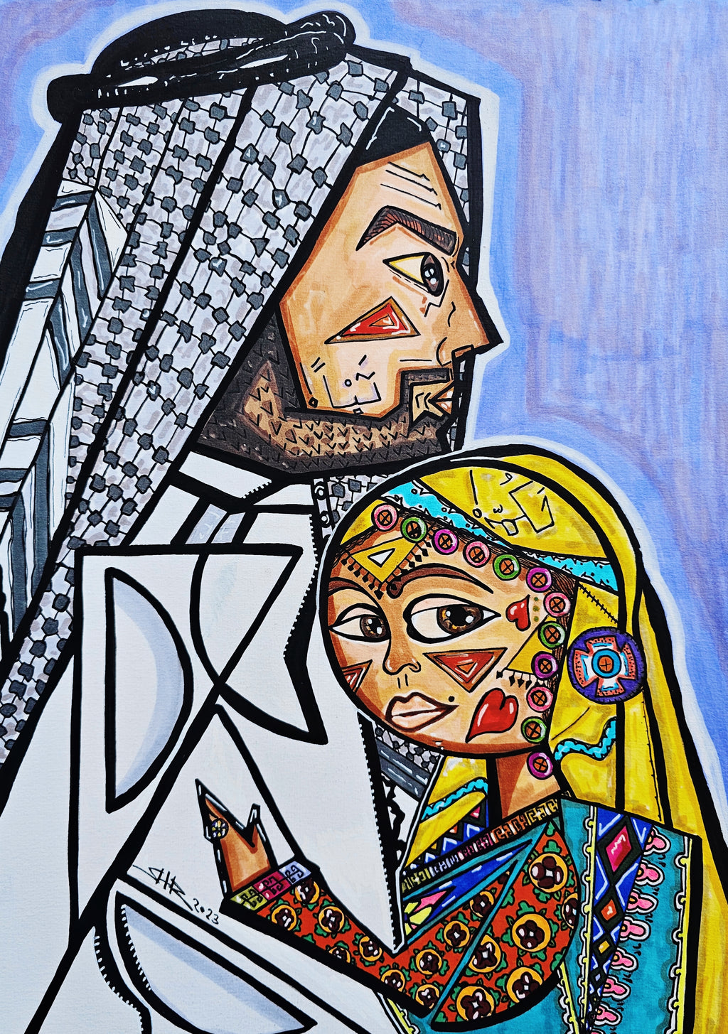 Jasmine & Hebron: the full canvas close up, a man in a chequered keffiyeh beside a woman in a yellow veil