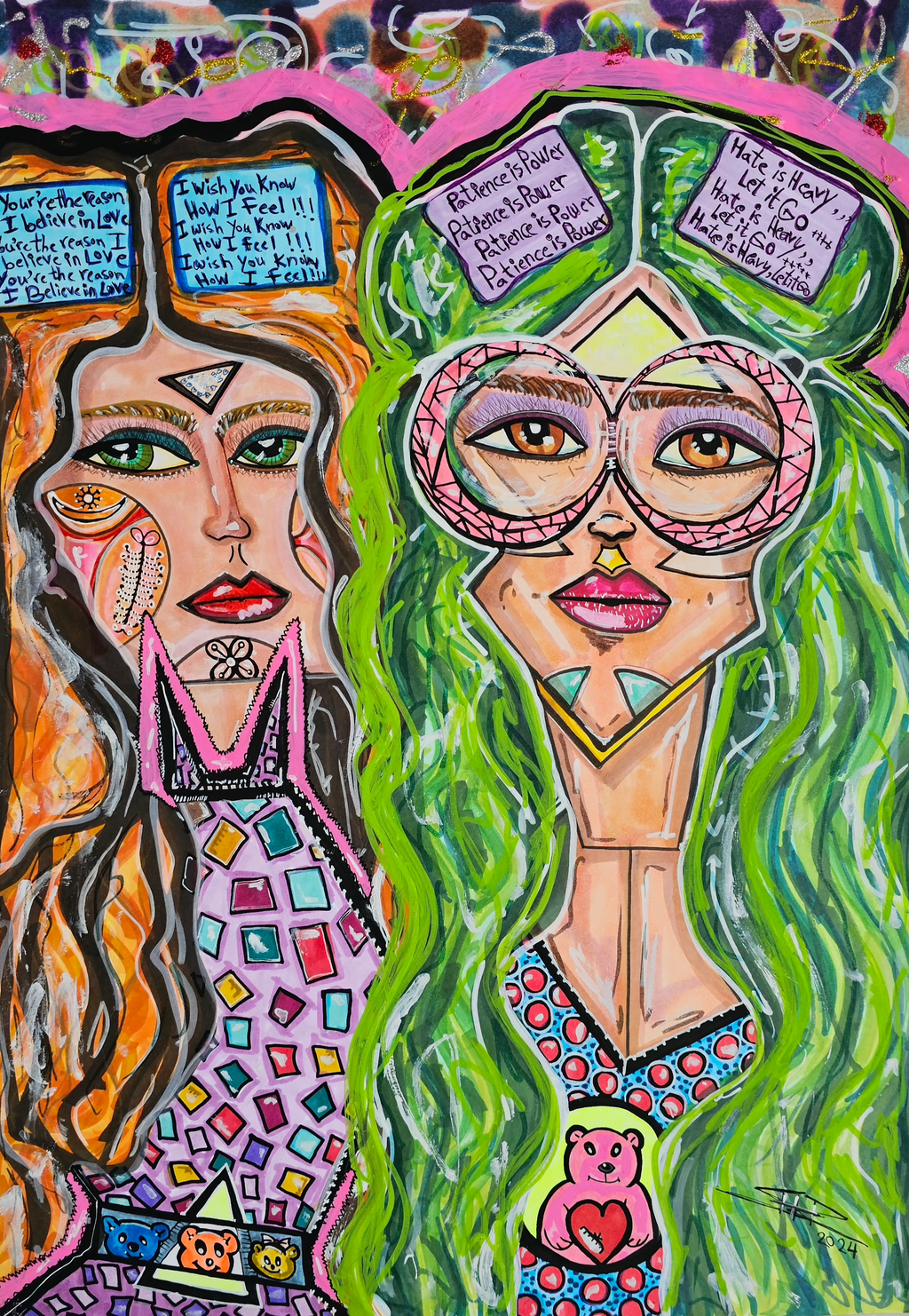 Selena & Helena: the full canvas close up, one friend with auburn hair, the other with long green hair