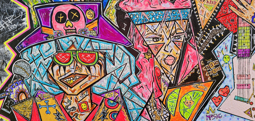 Megalodon detail: the skull hatted figure in green sunglasses next to a bandmate and a guitar