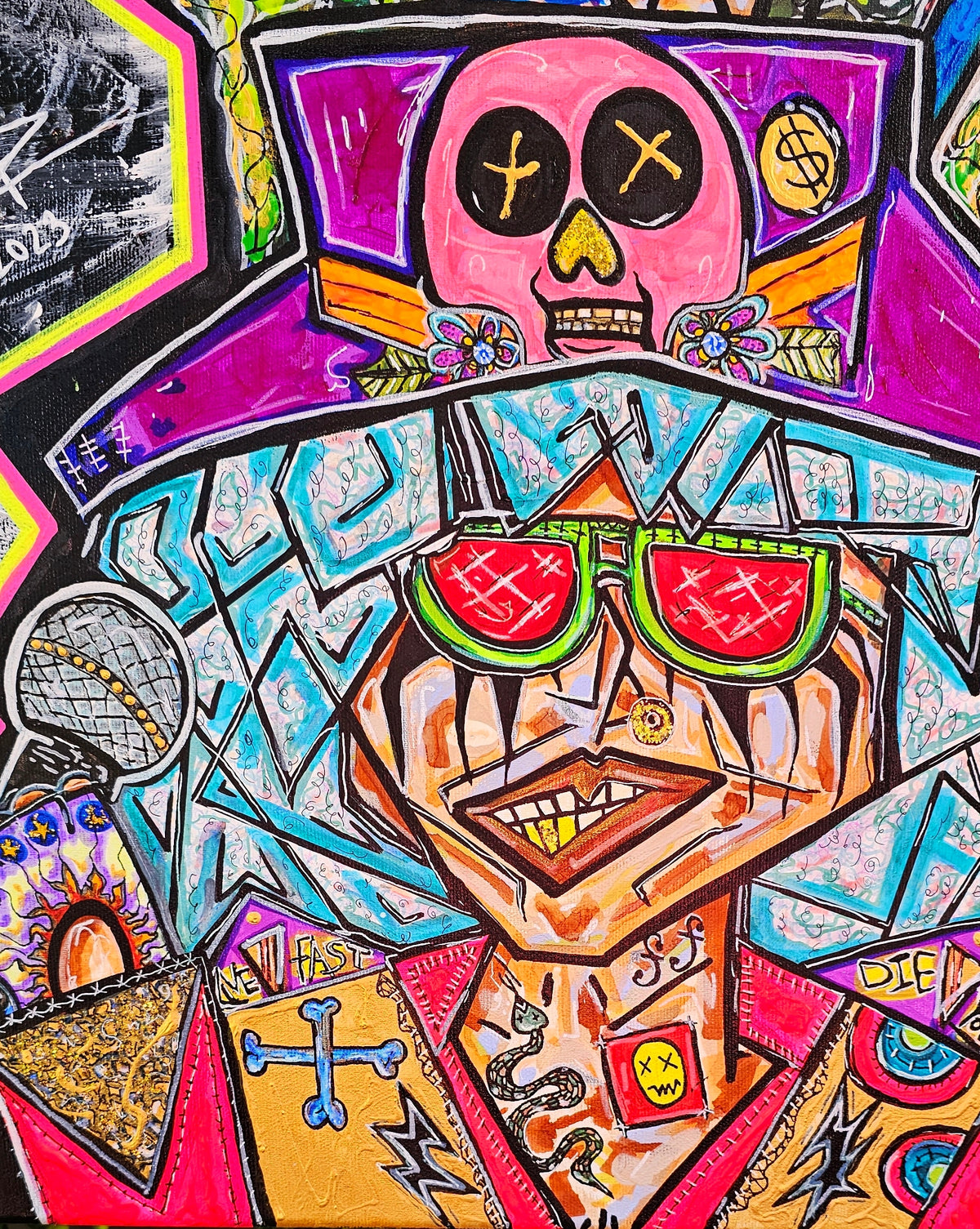 Megalodon detail: a pink sugar skull on a purple hat above a grinning face in red sunglasses