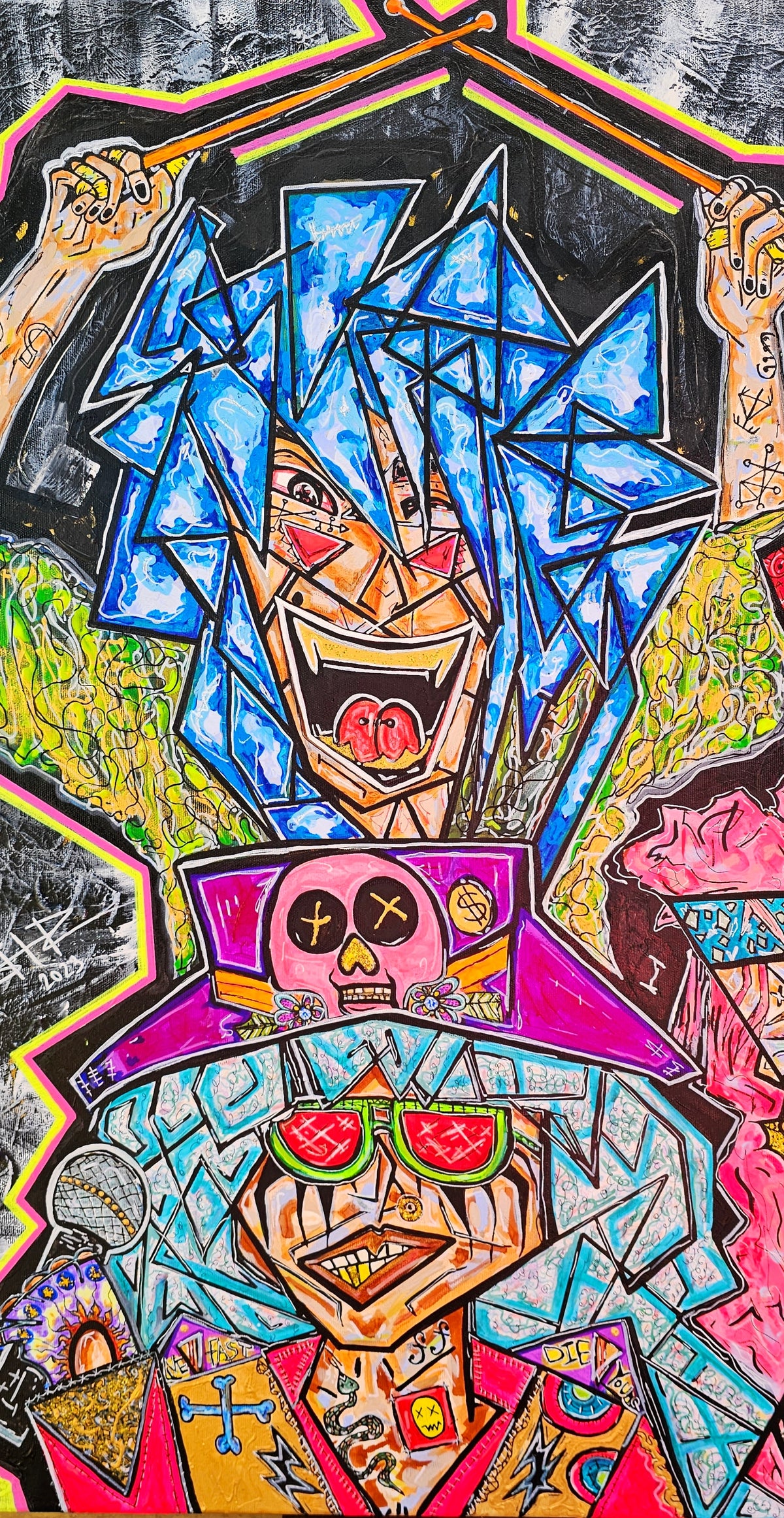 Megalodon detail: the blue faced figure above the bandmate in the purple skull hat