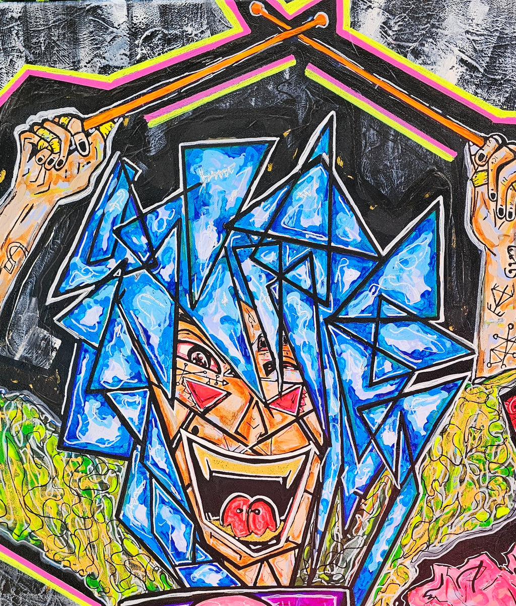 Megalodon detail: a blue shattered face with an open mouth and red tongue, drumsticks raised above