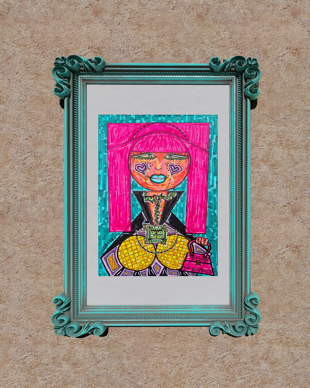 Madam Vivi in a carved teal frame standing against a warm beige wall