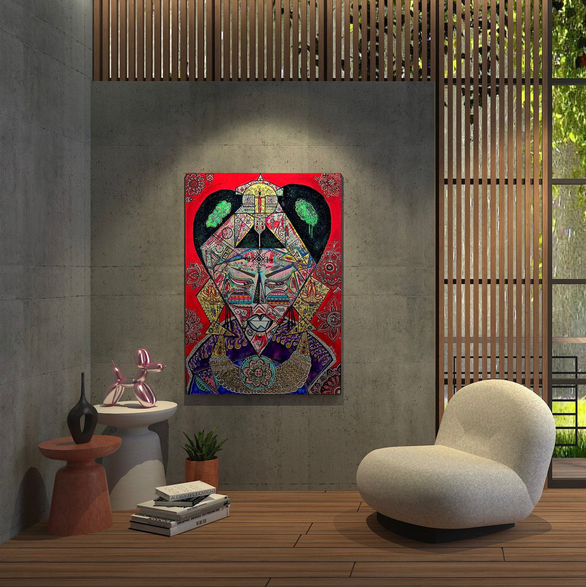Bishop hung on a concrete wall in a modern room, above a boucle chair and a low table