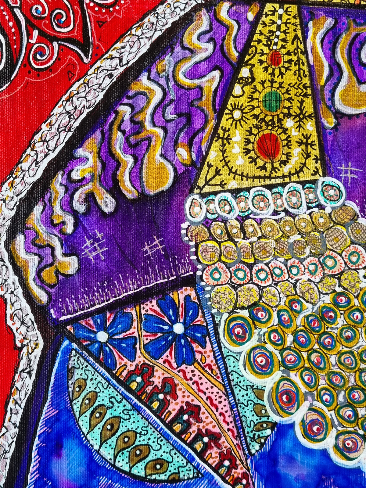 Bishop detail: purple, gold and blue triangles worked with dots, scallops and fine pattern