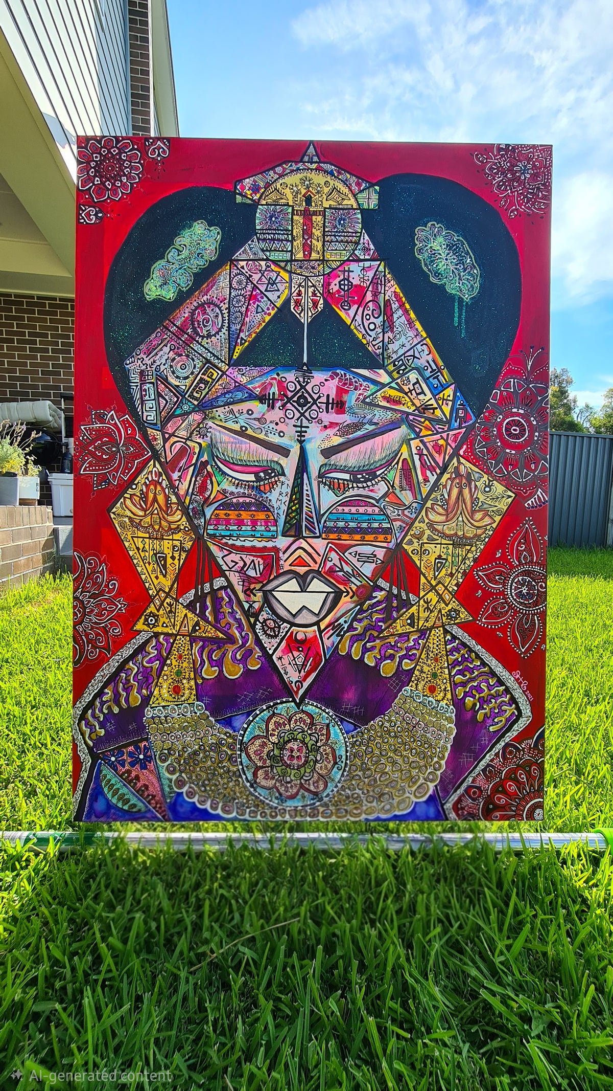 Bishop standing outdoors on grass in daylight, the full canvas and its red ground visible