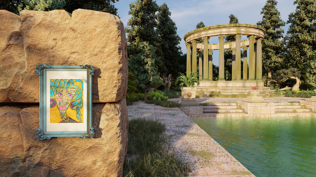 Dr Jane propped on a sandstone boulder beside a green pool and a columned stone rotunda