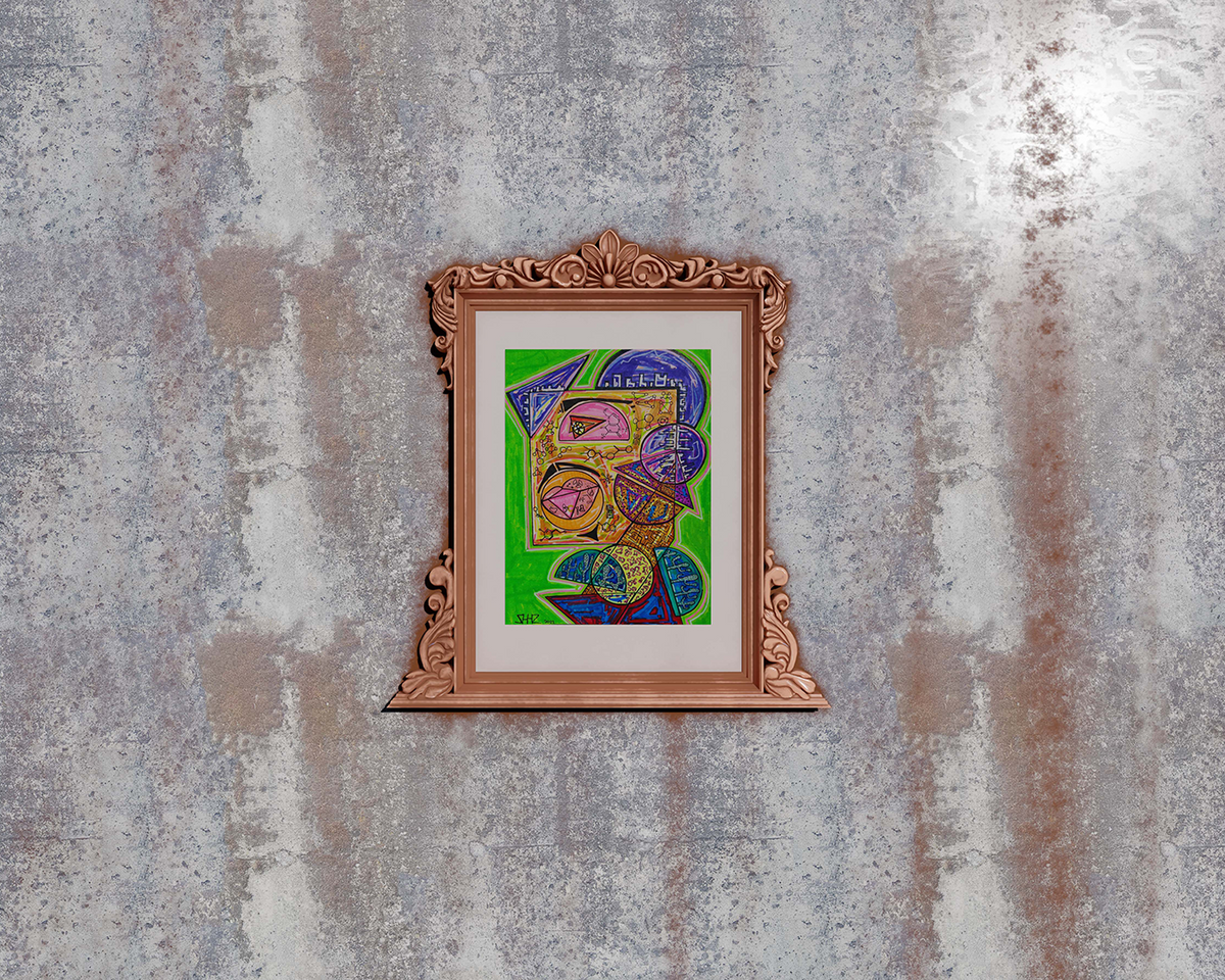 Sir Elixir framed in pale peach, seen smaller against a weathered grey wall
