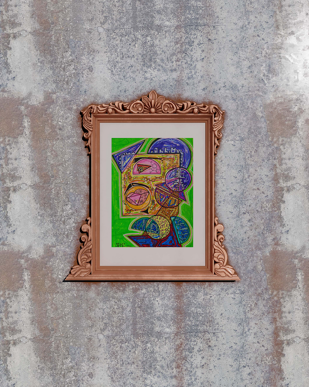 Sir Elixir in a carved peach frame with a white mount, hung on a grey concrete wall