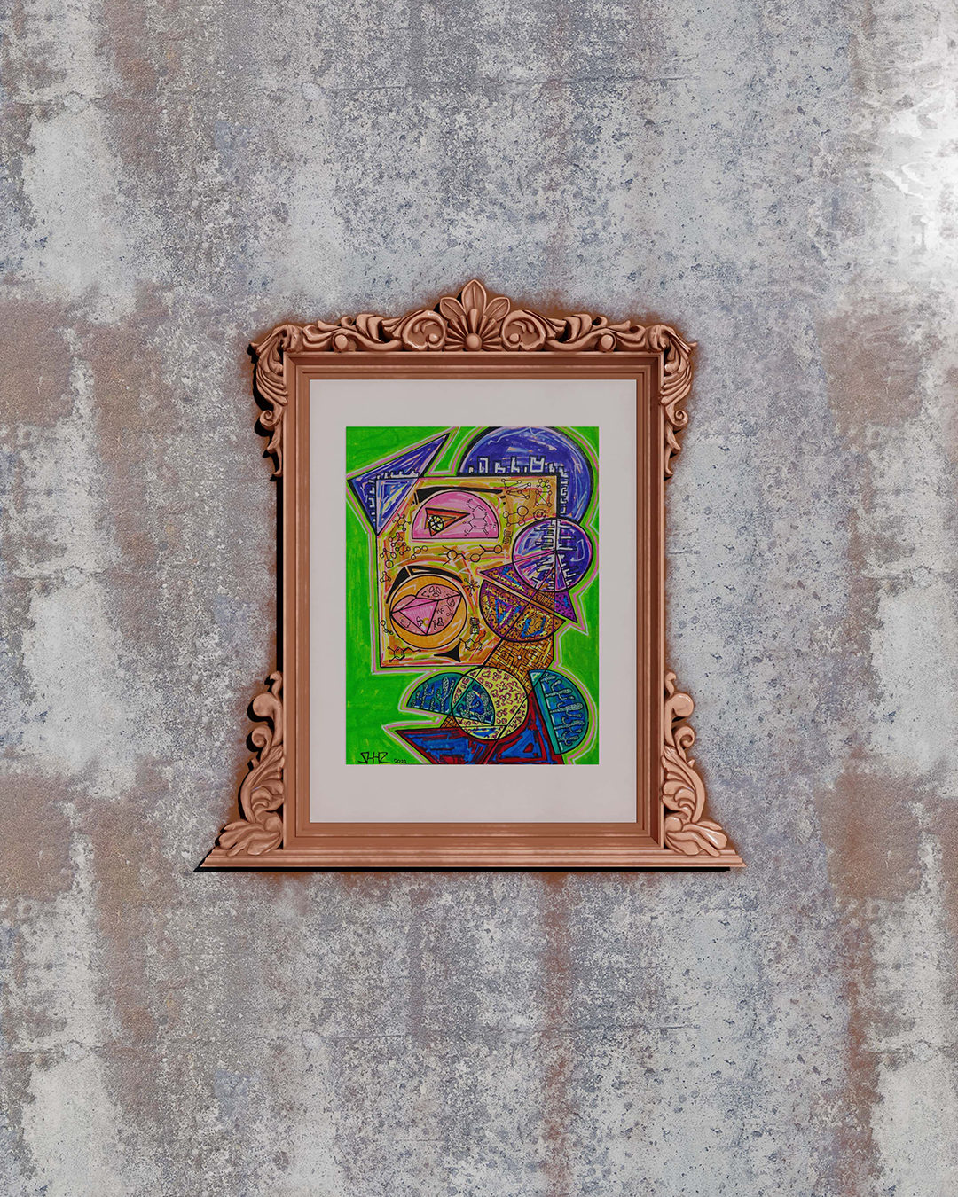 Sir Elixir in a carved peach frame with a white mount, hung on a grey concrete wall