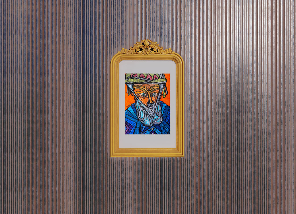 Ibn Sina framed in gilt, seen smaller against a warm ribbed wooden wall