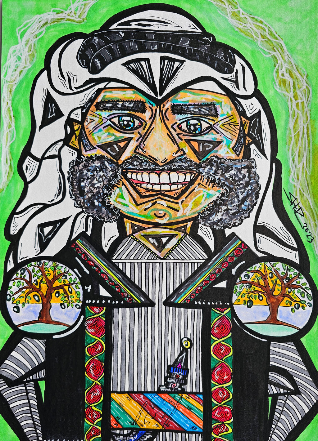 Khan Younis: the full canvas close up, a bearded farmer in a white keffiyeh on a green ground