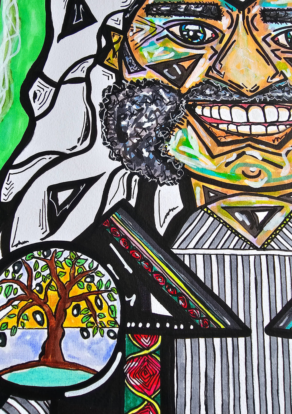 Khan Younis detail: his broad smile and grey beard above an olive tree drawn inside a circle