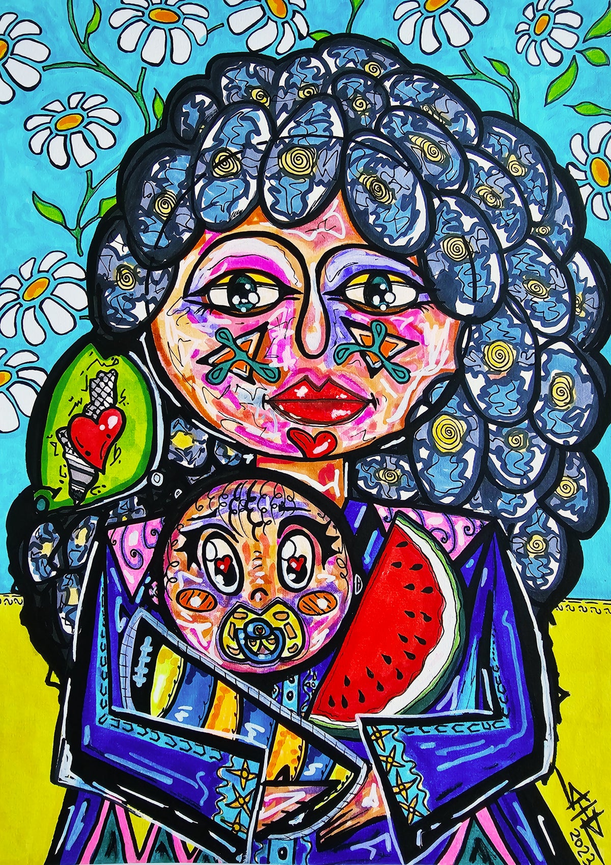 Rafah: the full canvas close up, a mother in blue holding her baby beneath white daisies