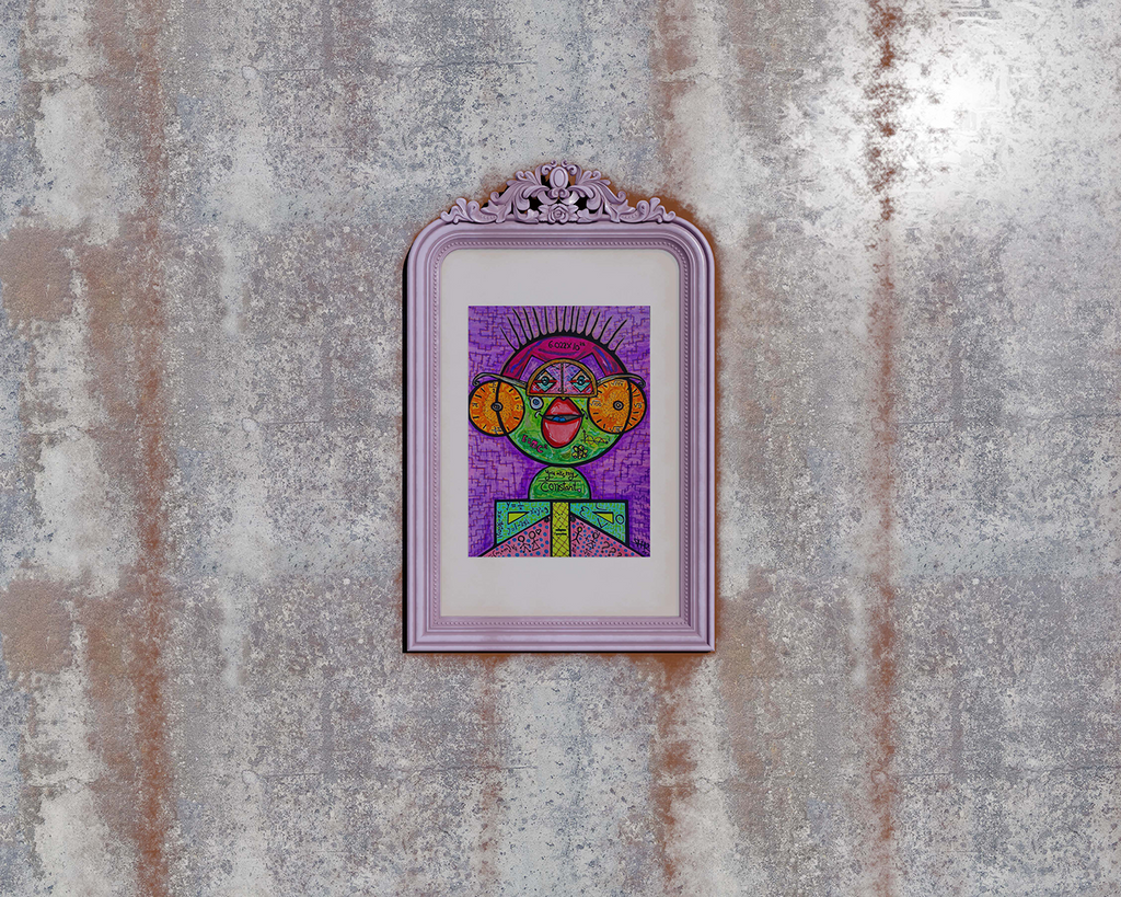 Number Wizard framed in pale lilac, seen smaller on a streaked grey wall