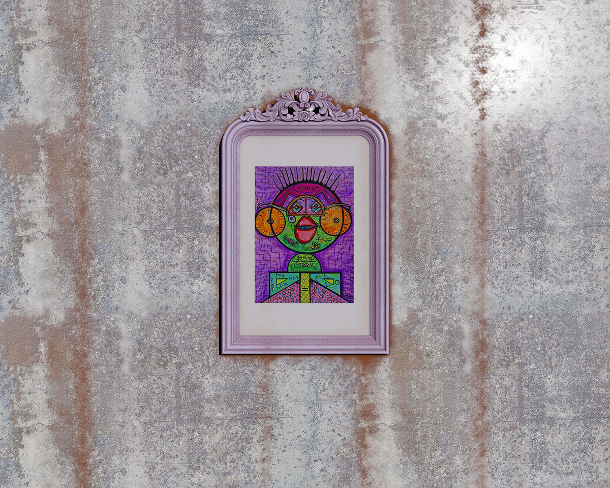 Number Wizard framed in pale lilac, seen smaller on a streaked grey wall