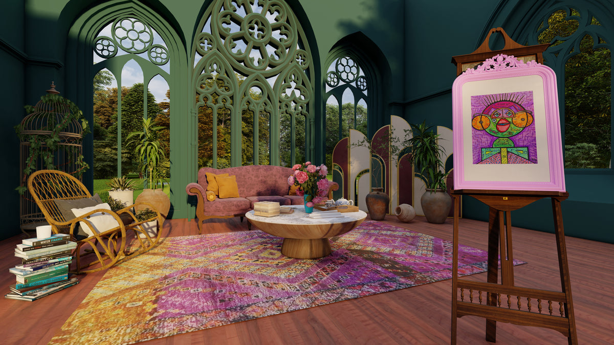 Number Wizard on a wooden easel in a green gothic conservatory with a pink patterned rug