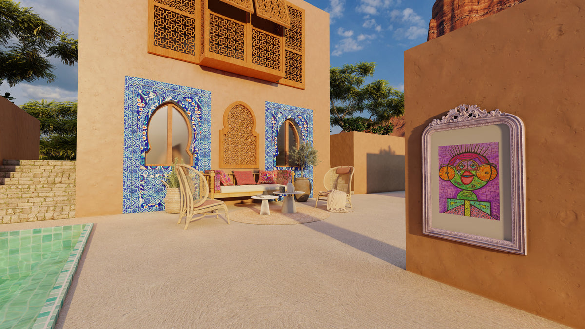 Number Wizard on a terracotta wall beside a tiled Moorish courtyard with a pool and seating