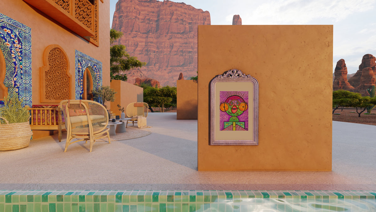 Number Wizard on a sunlit ochre wall by a mosaic pool with red desert cliffs behind
