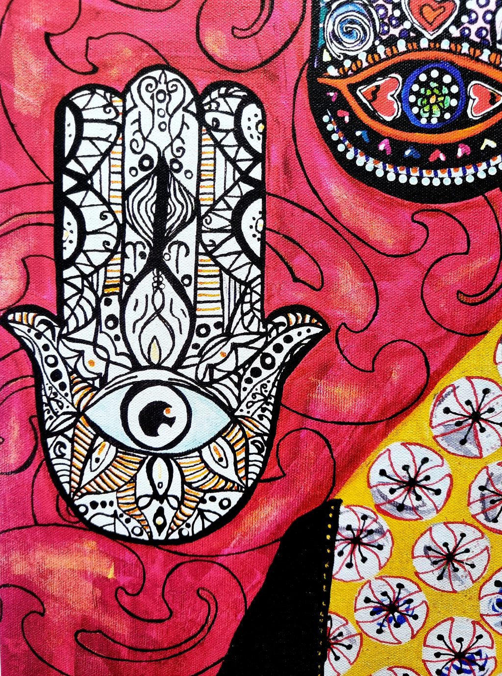 Qadira detail: a hamsa drawn in fine black ink on deep pink, an open eye at its palm