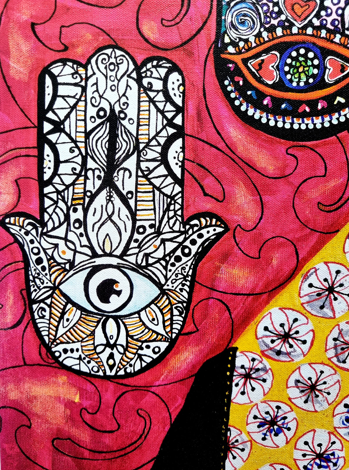 Qadira detail: a hamsa drawn in fine black ink on deep pink, an open eye at its palm